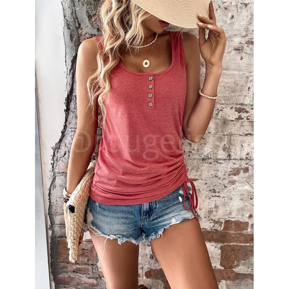 Rusty Rose Tank Top Button Front One Side Drawstring - Picture 5 of 17